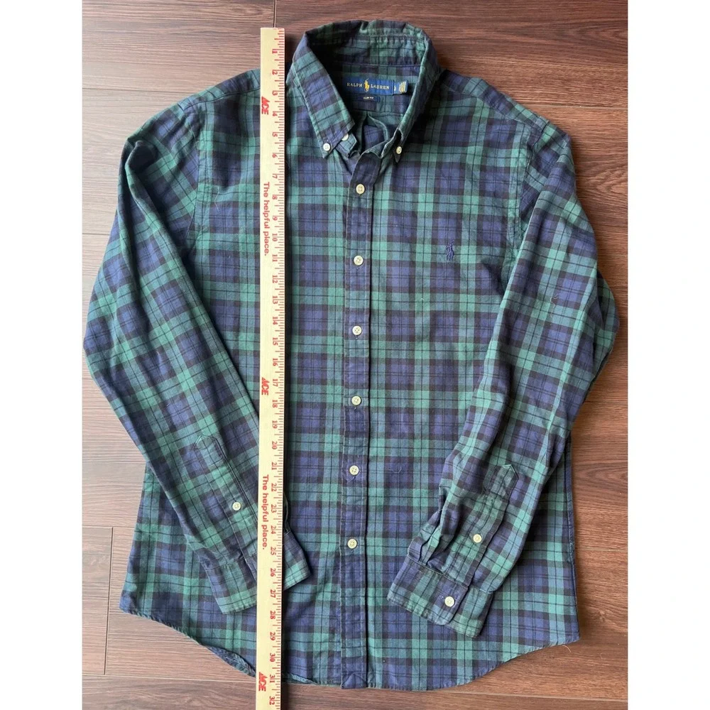 Polo Ralph Lauren Slim Fit Shirt Mens Large Green Navy Black Watch Plaid Cotton